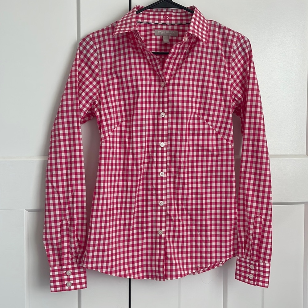 Banana Republic Fitted Non-Iron Gingham Button Down | Lipstick Pink | 2